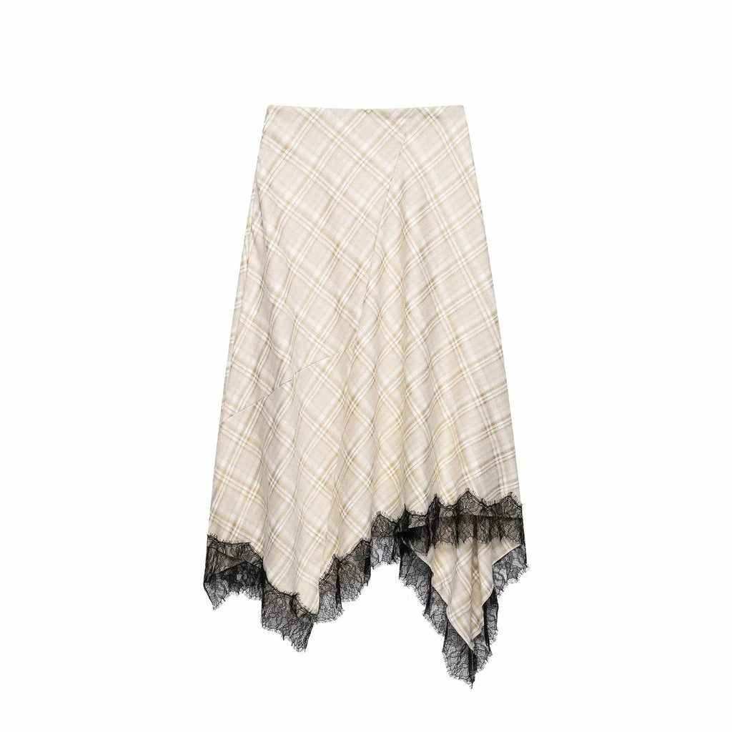 Women's Vintage Plaid Midi Skirt – Lace A-Line Knee-Length | Casual & Dinner