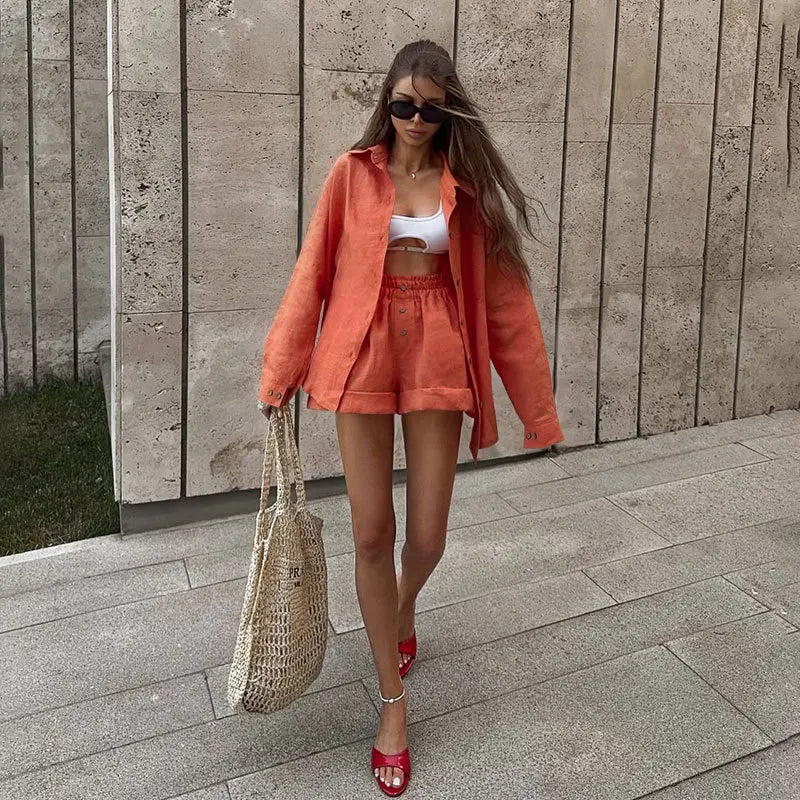 Women's Long Sleeve Shirt & Shorts Set – Casual 2-Piece Matching Outfit