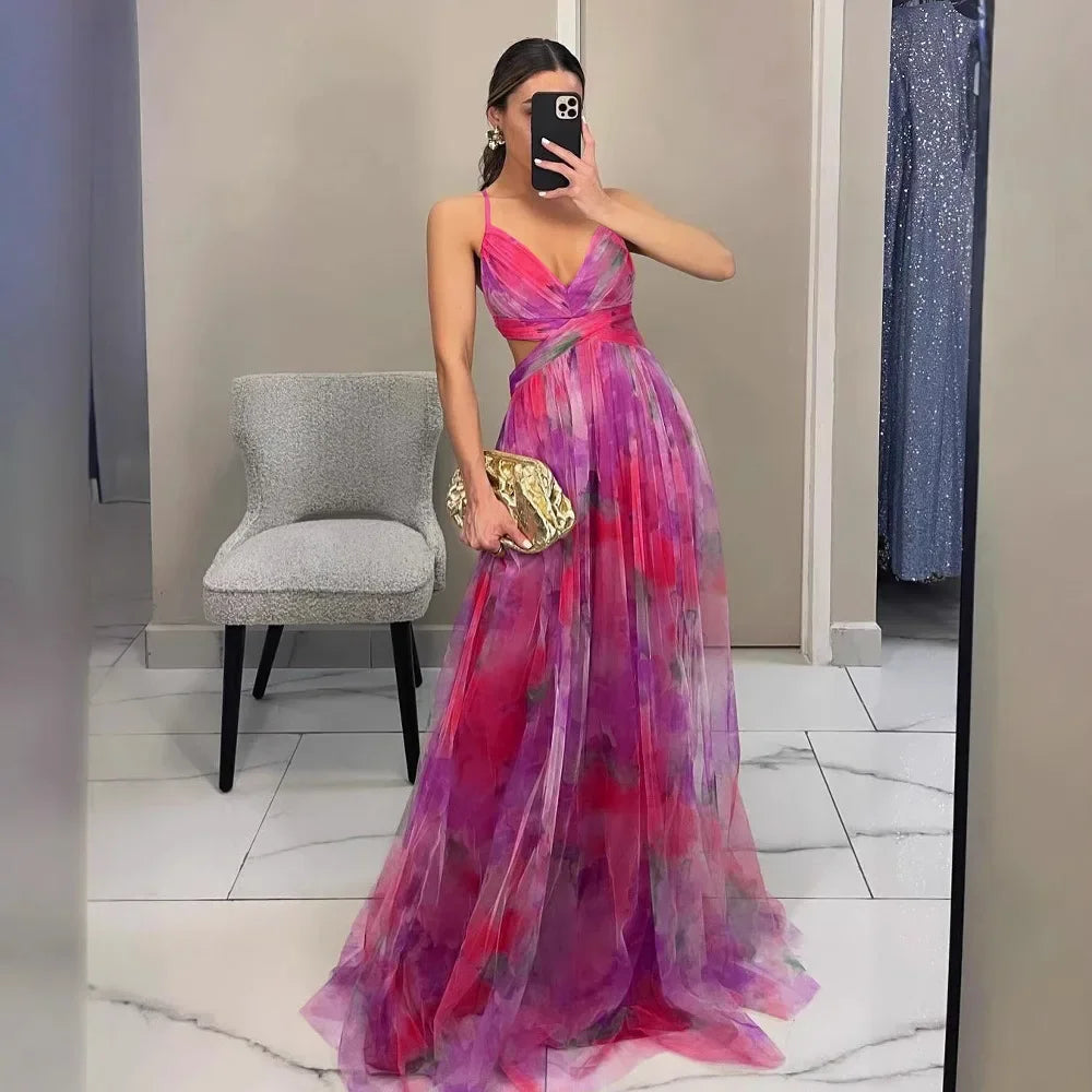 Women's Printed Mesh Midi Dress – Elegant Slim Fit Summer Party Dress