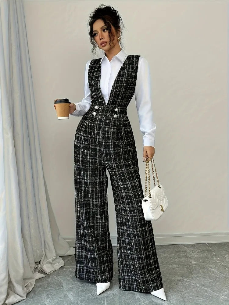 Plaid Tweed Wide Leg Jumpsuit – High Waist Pearl Buttons | Women's Elegant Office Formal Wear