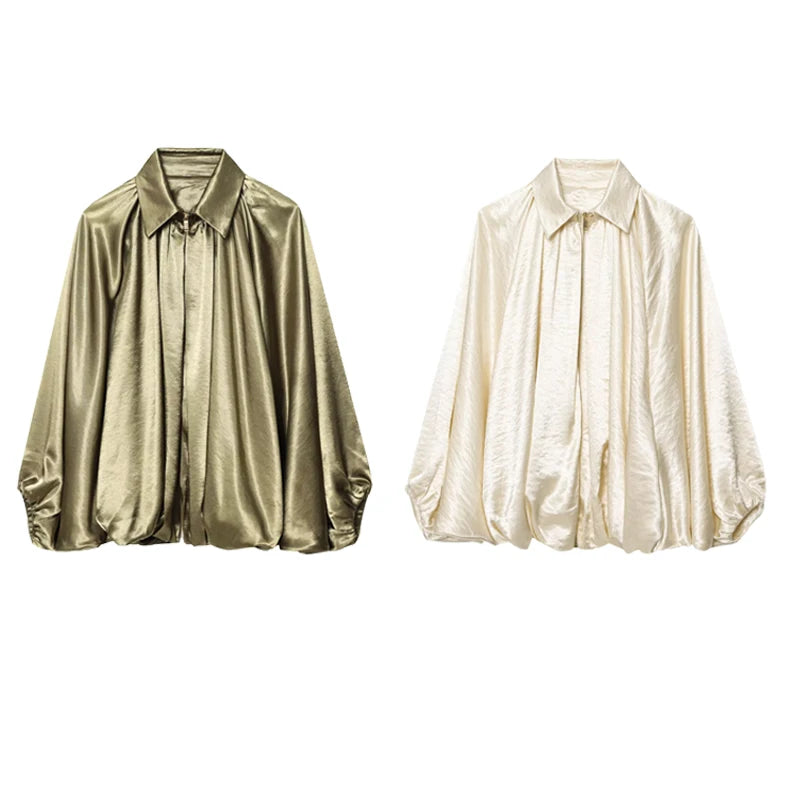 Women's Oversized Bomber Jacket | Puff Sleeve Zip-Up Streetwear Coat | Vintage Casual | Army Green & Beige
