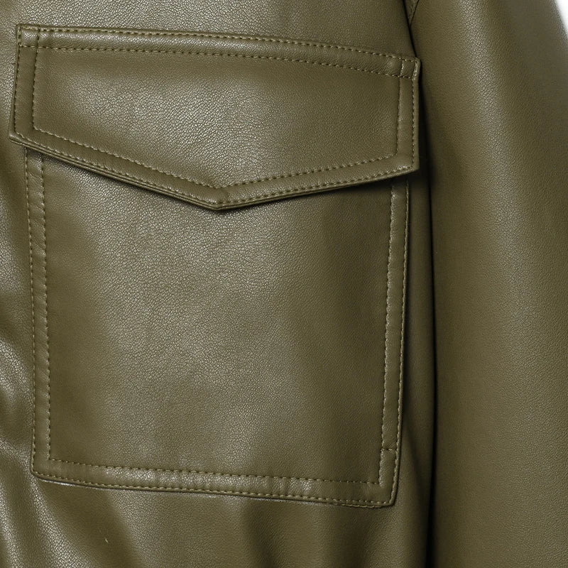 Women's Army Green Faux Leather Jacket – Streetwear Windbreaker Coat | Autumn