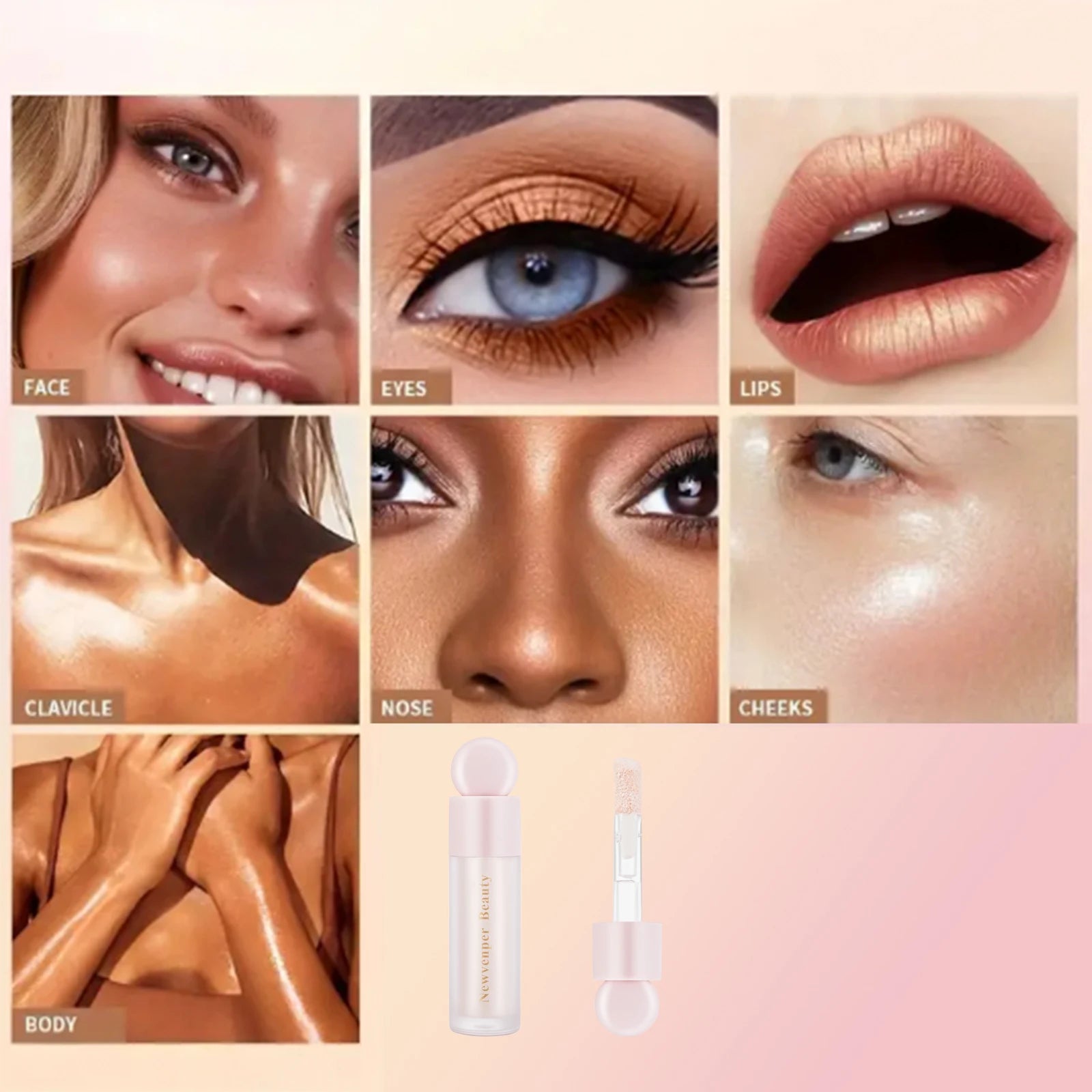 Kit Iluminador Blush e Contorno Líquido 3 em 1 para Rosto e Corpo Acabamento Glossy e Brilho Natural