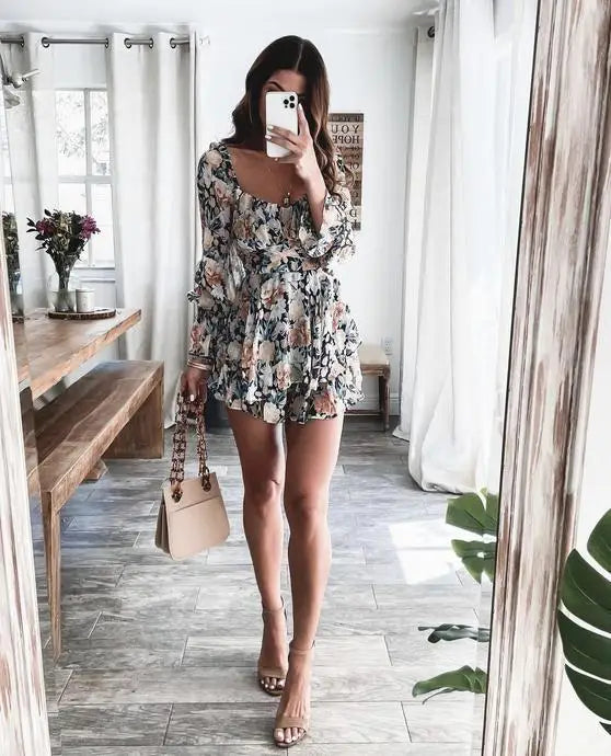 Floral Print Ruffled Jumpsuit – Square Collar Long Sleeve | Women's Casual Versatile Playsuit