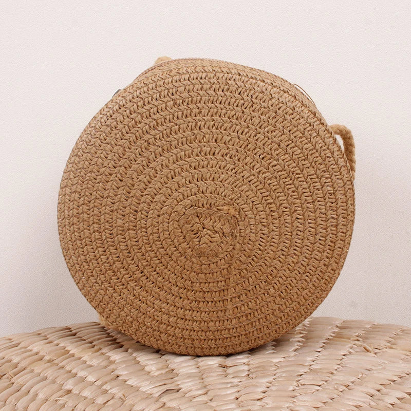 Bolsa de Palha Redonda Transversal Minimalista Feminina com Fecho Zipper 5 Cores