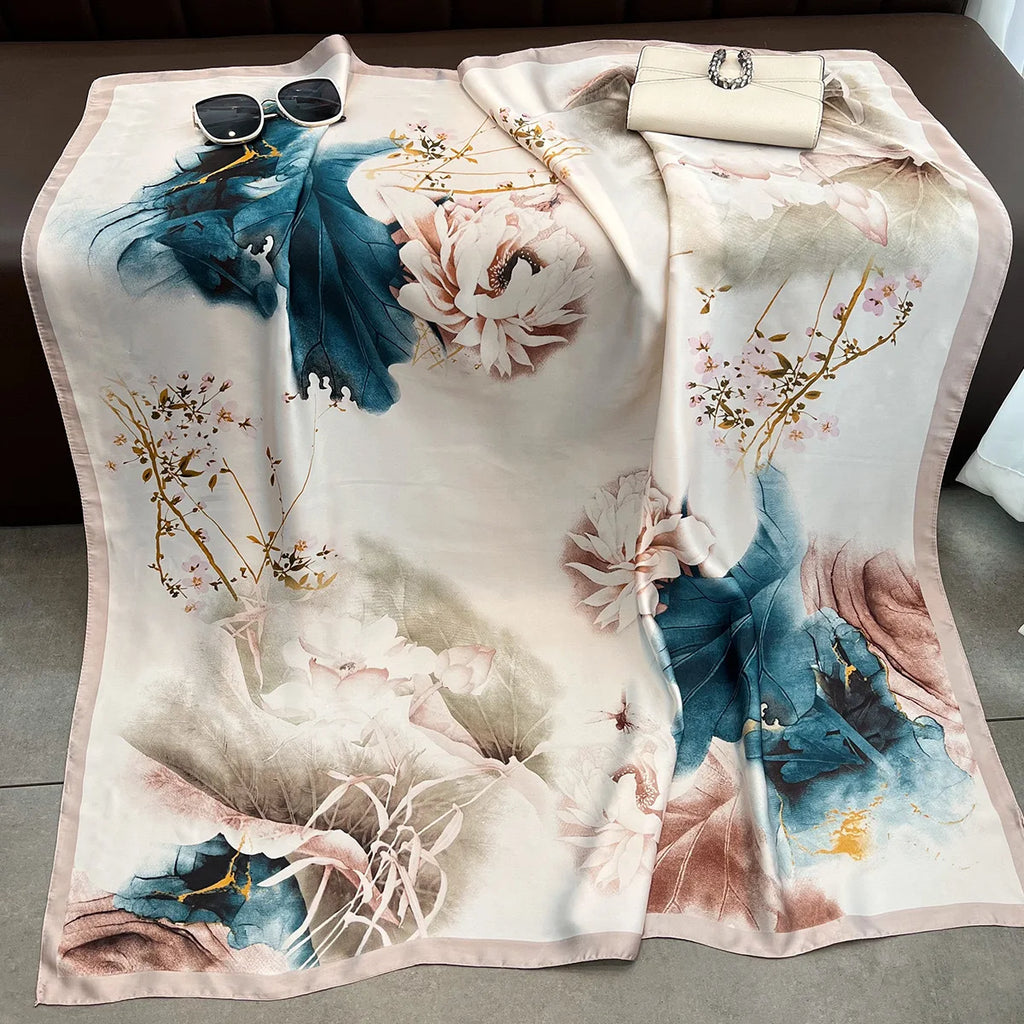 Xale Quadrado de Cetim 110x110cm Estampado Feminino Multifuncional para Praia, Cabelo e Hijab