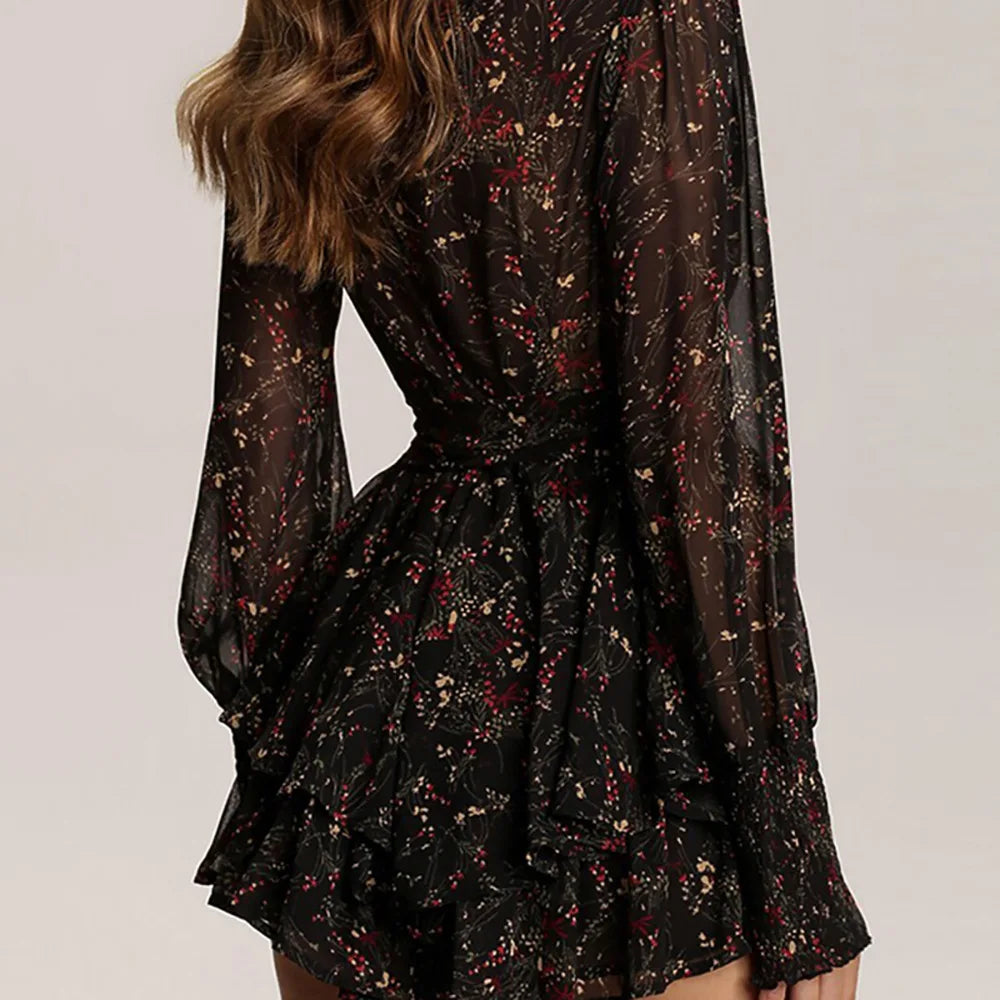 Women's Chiffon Ruffle Floral Print Mini Dress | Half Turtleneck Lace-Up A-Line | Elegant Office Style