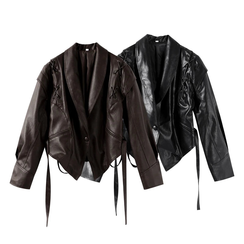Women's Faux Leather Belted Jacket | Lapel Lace-Up Vintage High Street Coat | Autumn Winter