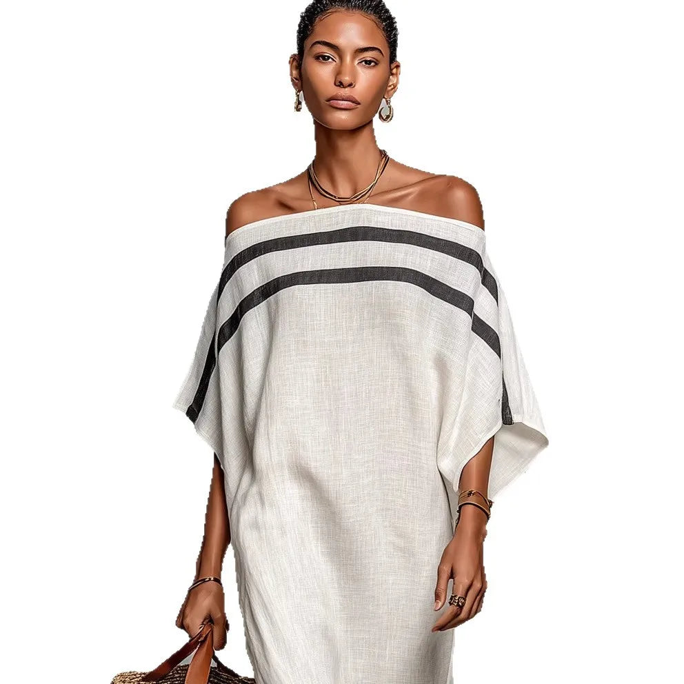 Women's Striped One-Shoulder Maxi Dress – Retro Beach Vacation Dress