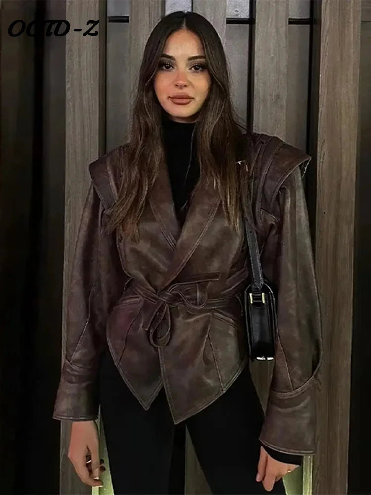 Women's Faux Leather Belted Jacket | Lapel Lace-Up Vintage High Street Coat | Autumn Winter