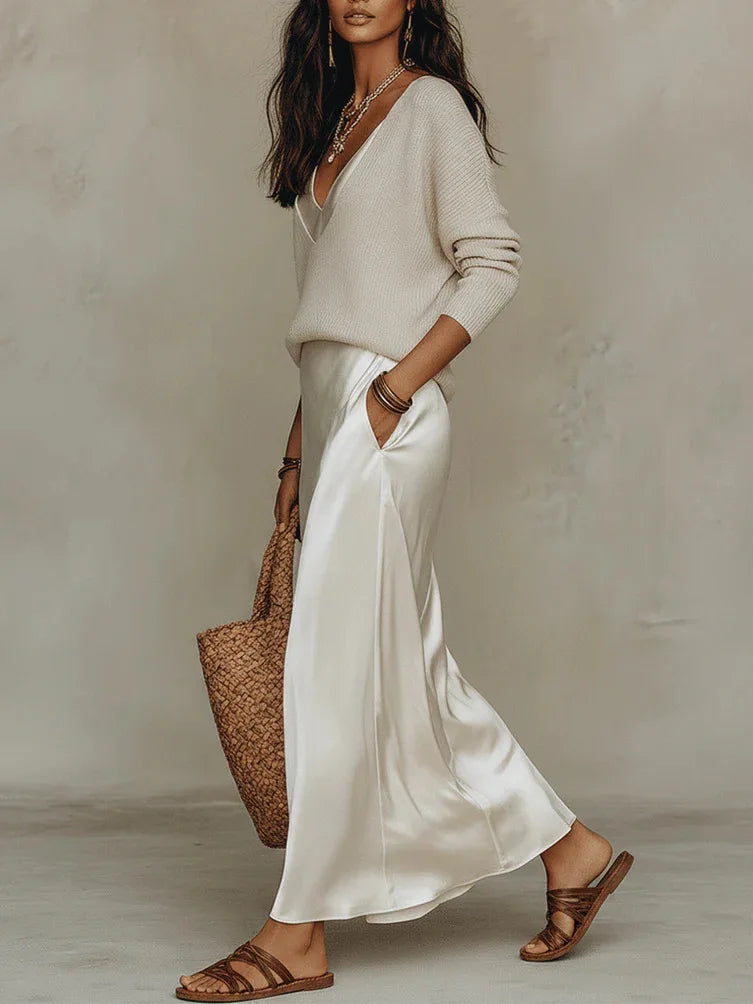 Women's Satin Maxi Dress & Long Sleeve Top Set – Elegant Evening Gown