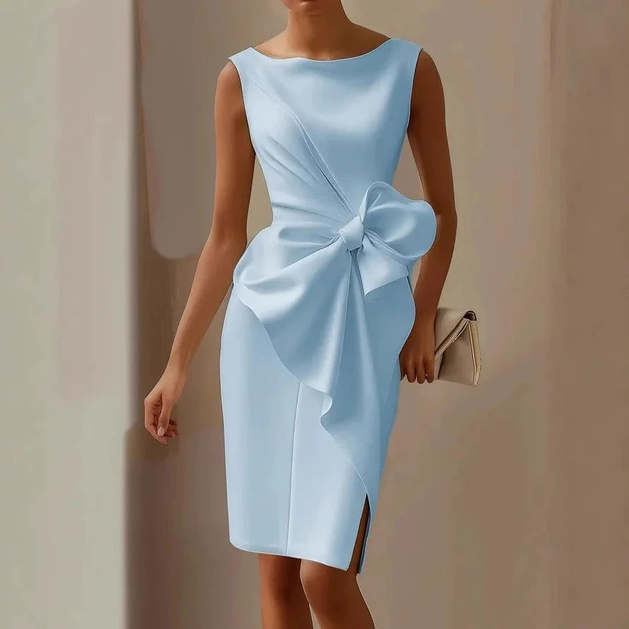 Bow Detail Sleeveless A-Line Dress – Round Neck Slim Fit | Women's Elegant Formal & Casual Wear