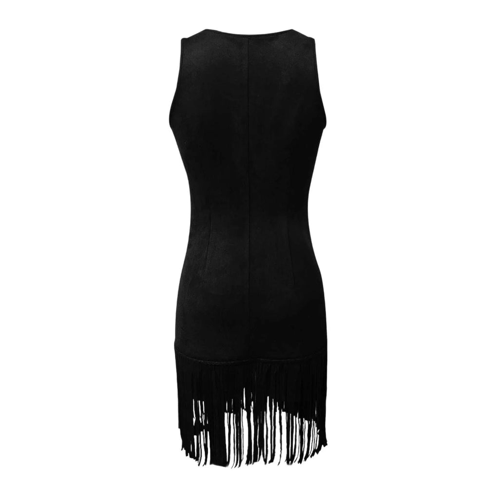 Deep V-Neck Tassel Slim Dress – Sleeveless Velvet Detail | Women's Vintage Party Wear