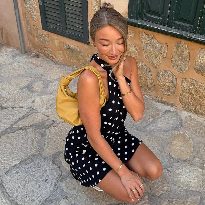 Polka Dot Halter Backless Mini Dress – Slim Bandage Sleeveless | Women's Sexy Party & Vacation Wear