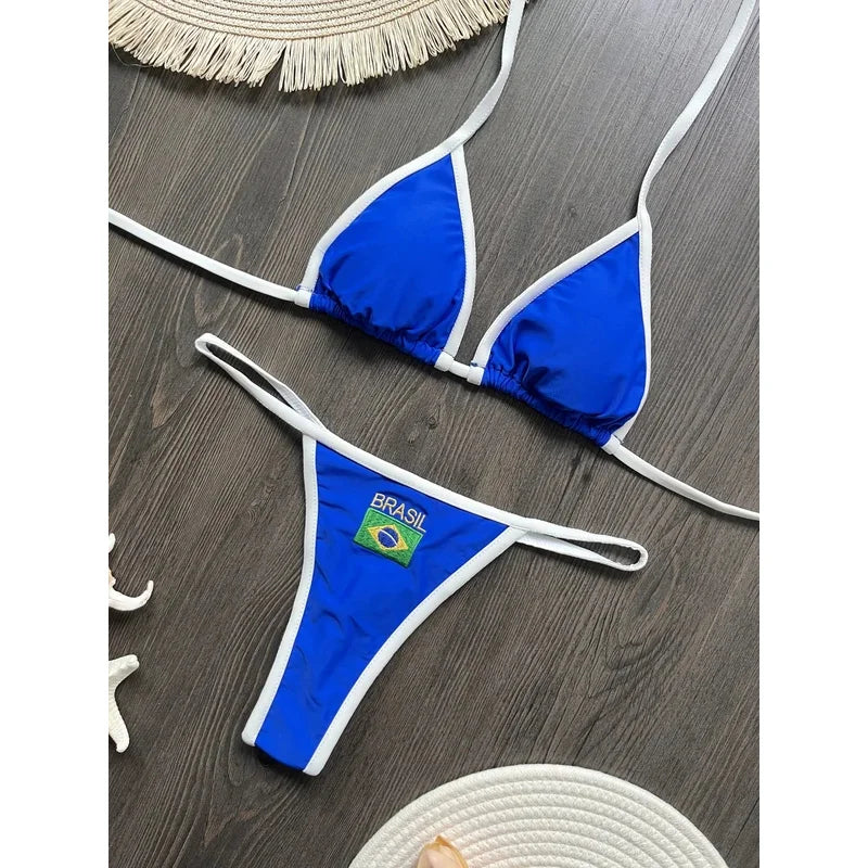 Biquíni Bordado Bandeira do Brasil Patchwork Feminino com Bojo Sem Aro Verão 2026 S M L