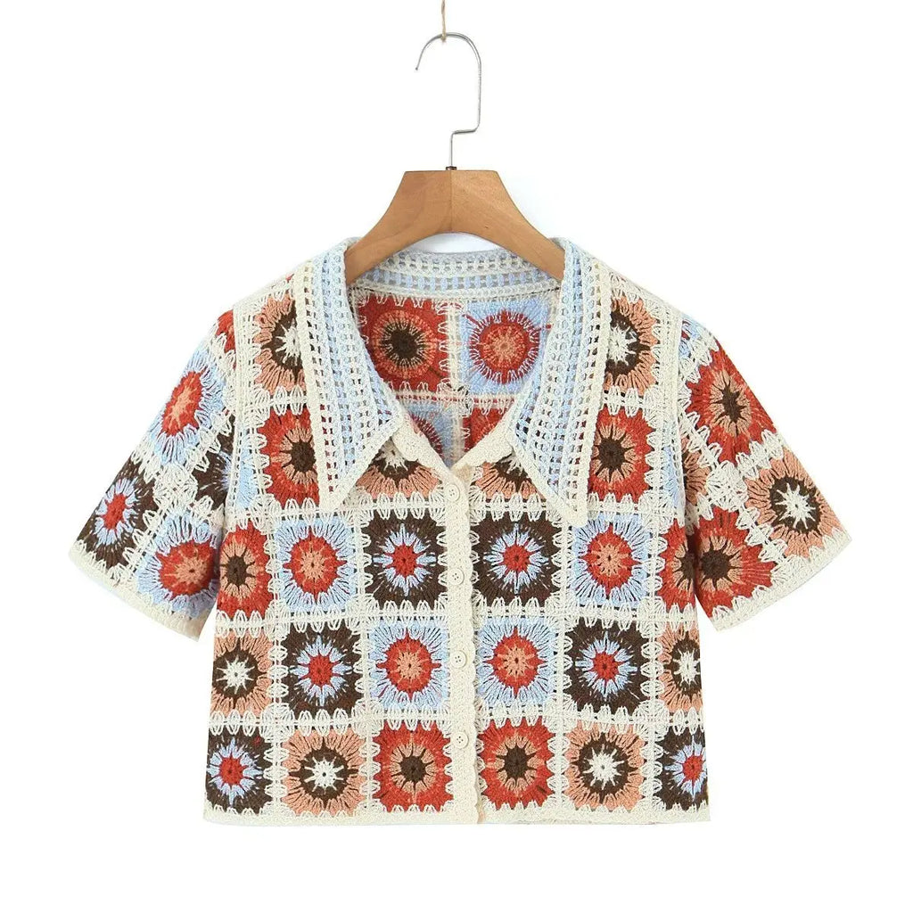 Women's Boho Crochet Crop Top | Granny Square Open-Knit Blouse | Summer Beach Vacation