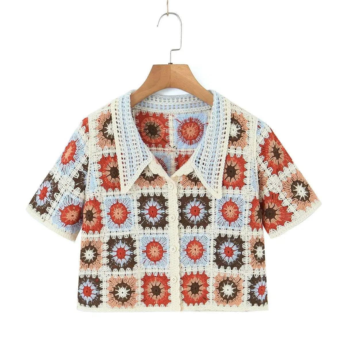 Women's Boho Crochet Crop Top | Granny Square Open-Knit Blouse | Summer Beach Vacation