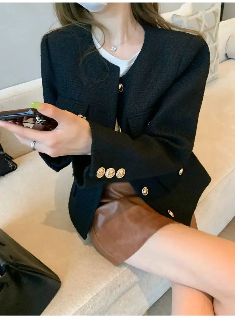 Women's French Tweed Short Coat – Gold Button Slim Jacket | Office Lady Style