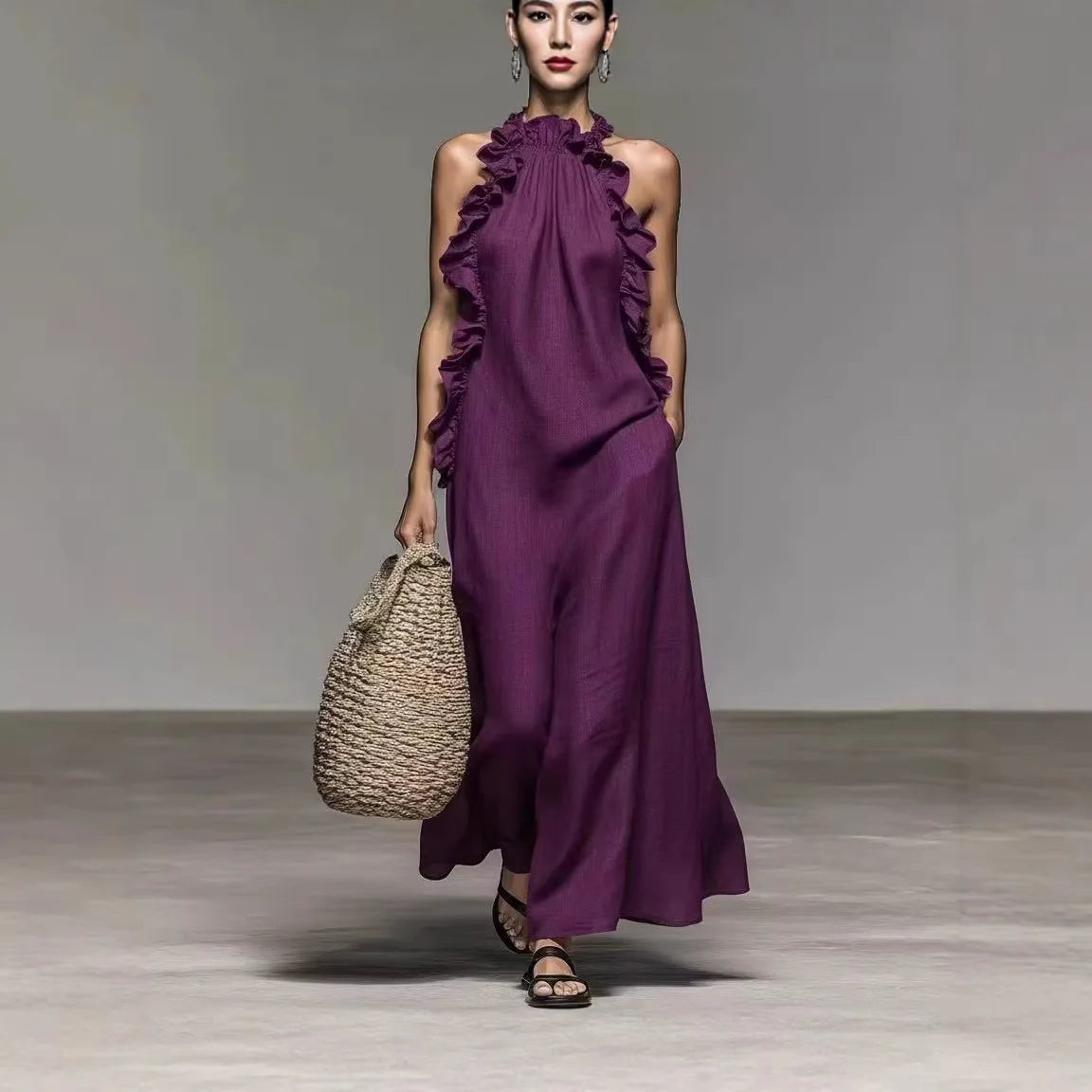 Elegant Ruffle Halter Maxi Dress – Sleeveless Flowy Sundress for Women