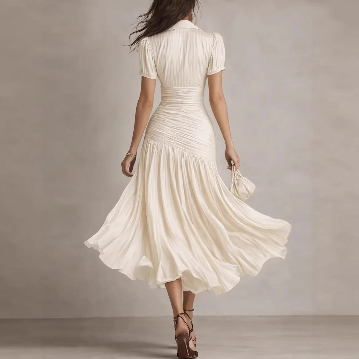 Striped A-Line Maxi Dress – Short Sleeve High Waist Slim Long Dress for Women