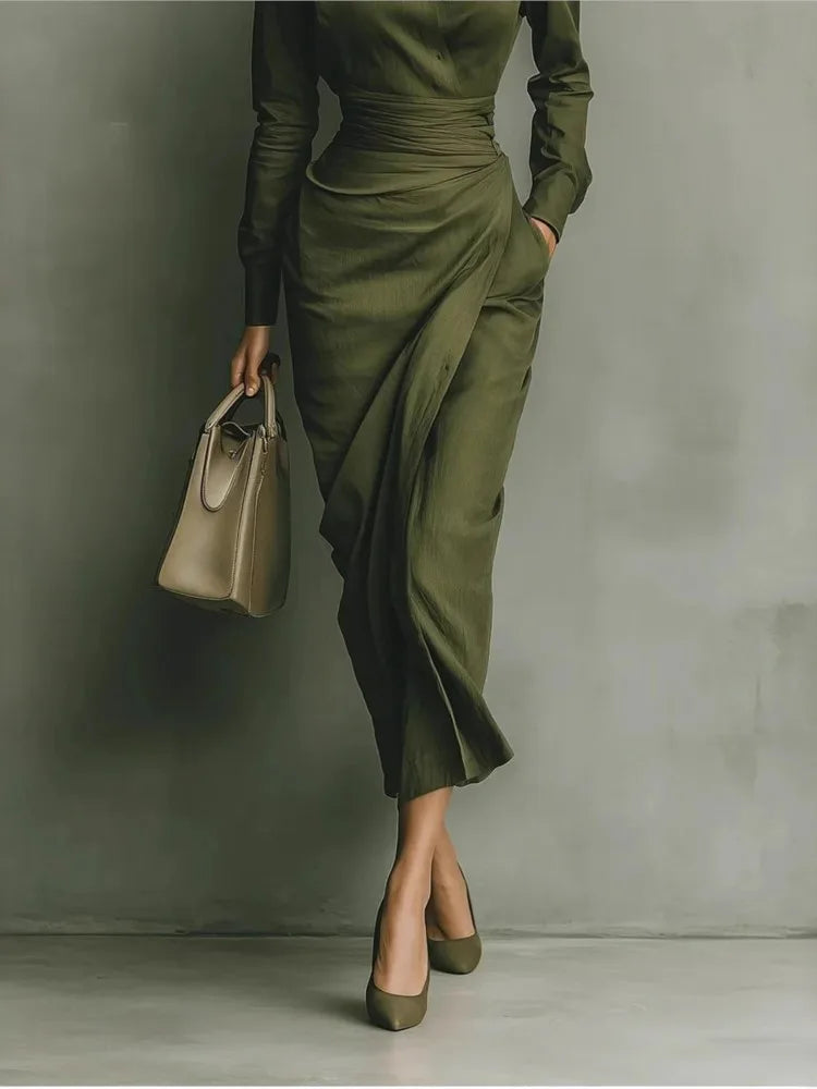 Women's Solid Midi Dress – Long Sleeve Turn-Down Collar | Office Lady Slim Fit | Spring Autumn