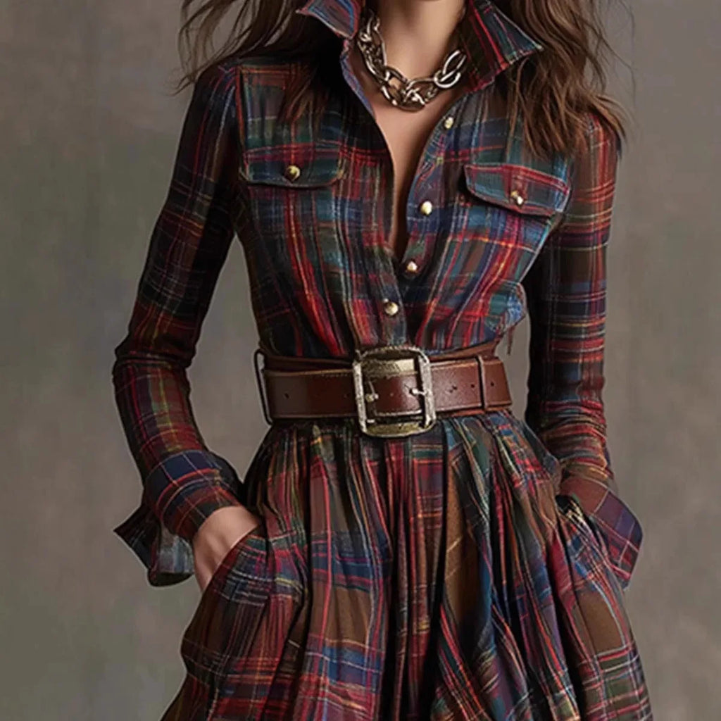 Plaid Shirt Maxi Dress – Long Sleeve Button-Up Dress with Pockets for Women