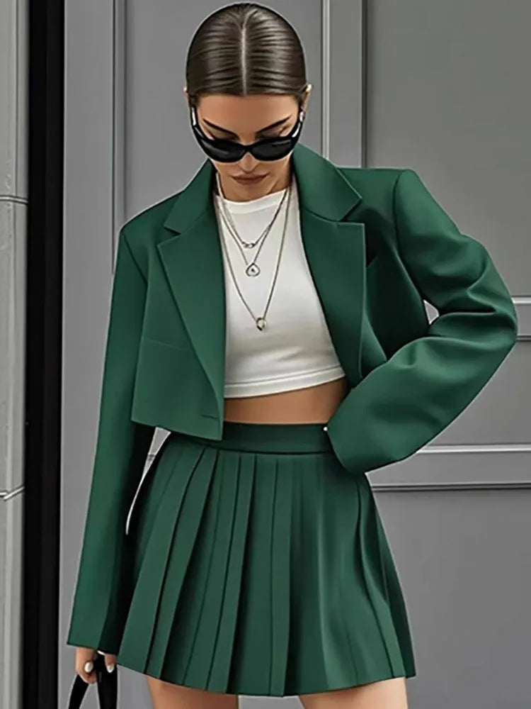 Women's Two-Piece Skirt Suit – Long Sleeve Notched Collar Top & Mini Skirt | Office Lady Spring Fashion
