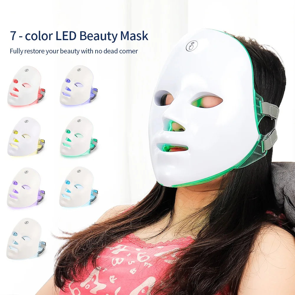 Máscara Facial LED 7 Cores Recarregável para Rejuvenescimento Lifting e Clareamento da Pele