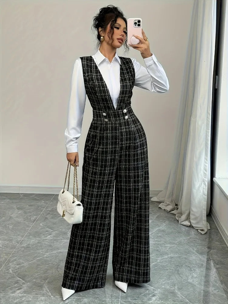 Plaid Tweed Wide Leg Jumpsuit – High Waist Pearl Buttons | Women's Elegant Office Formal Wear