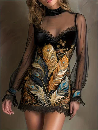 Floral Lace Mesh Mini Dress – Long Sleeve Hip-Hugging | Women's Sexy European Style