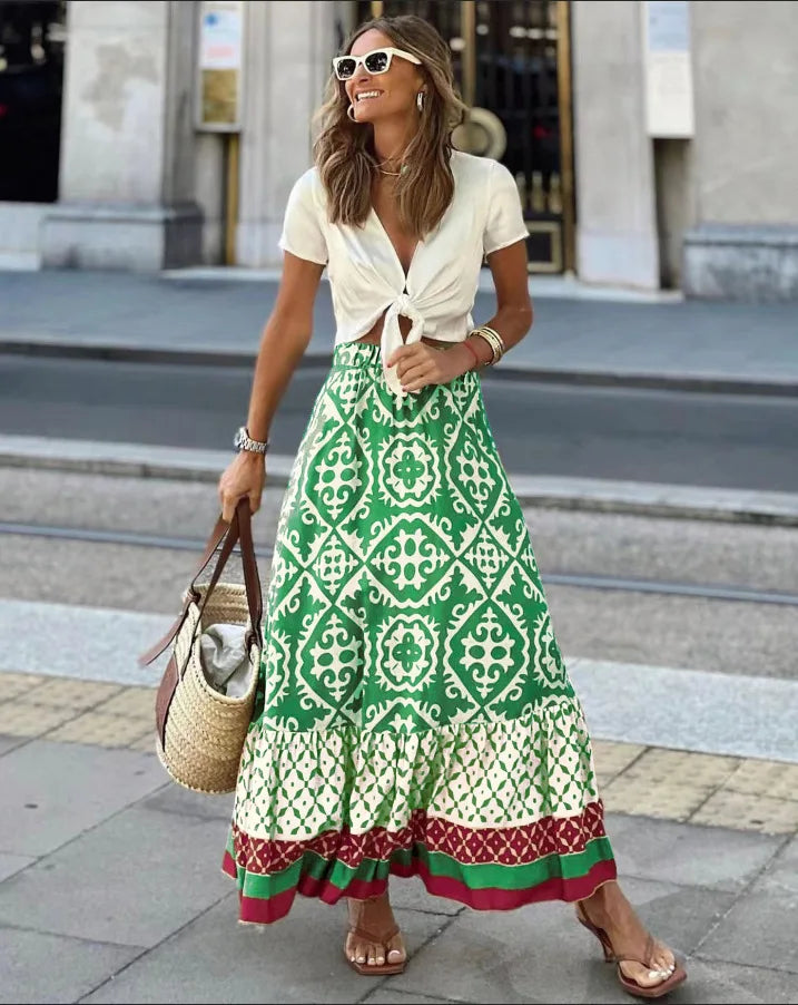 Women's Boho Chiffon Swing Midi Skirt | Elastic Waist Geometric Print | Beach & Daily Wear