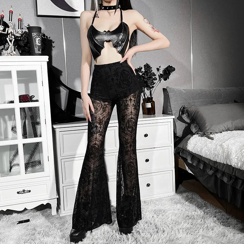 Women's Gothic Flare Pants – Mesh See-Through Flocking Lace High Waist Punk Alt Trousers