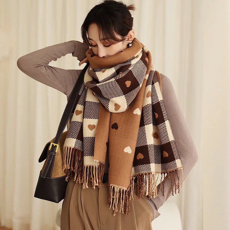 Women's Plaid Heart Print Blanket Scarf – Thick Warm Shawl Wrap | Autumn Winter