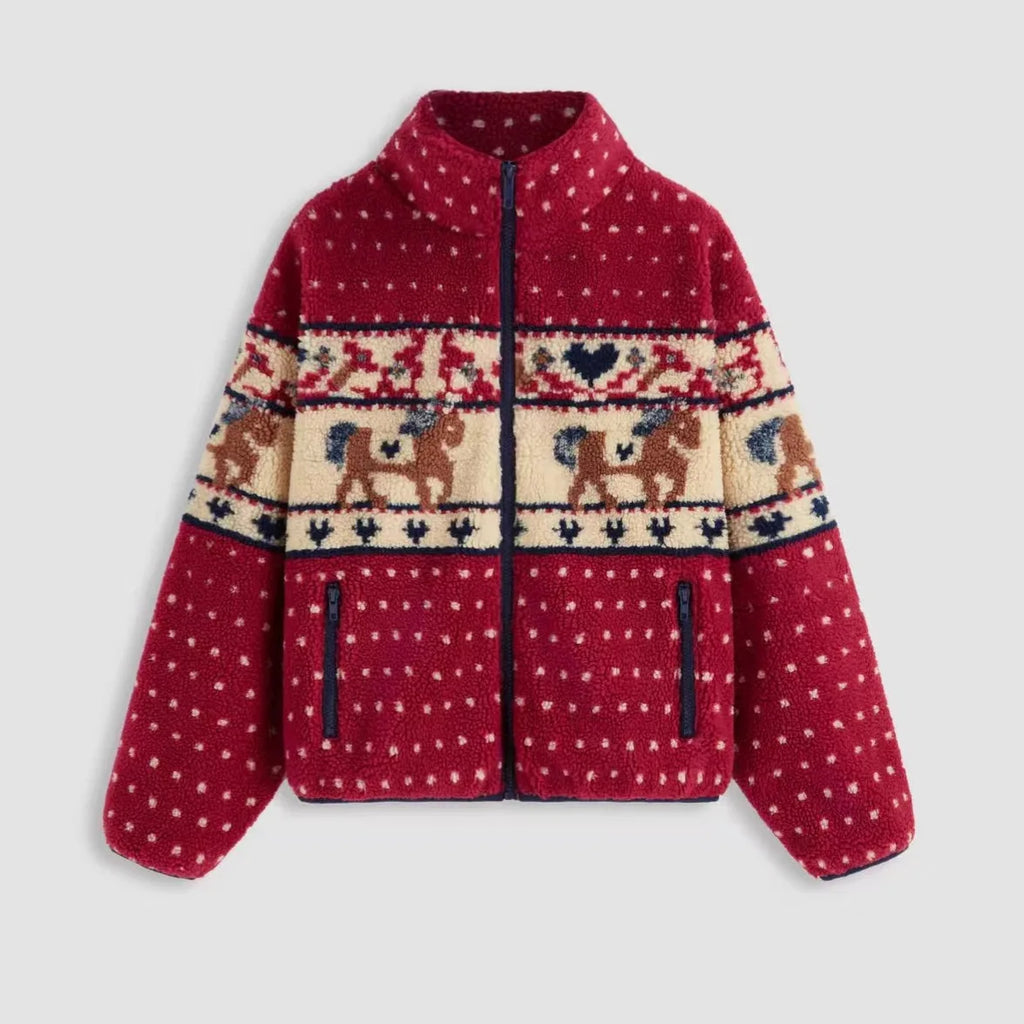 Women's Plush Christmas Print Jacket | Long Sleeve Zipper Pocket Woolen Coat | Autumn Winter