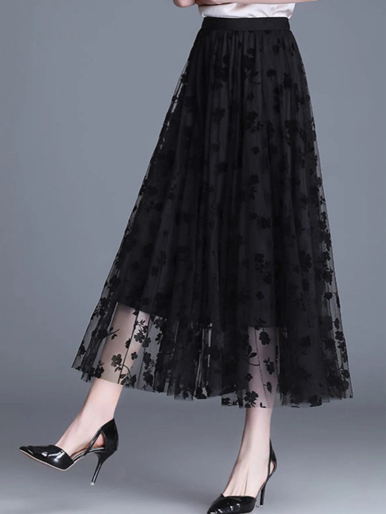 Women's Floral Lace Mesh A-Line Skirt – High Waist Big Swing Elegant Midi Skirt | Spring Summer