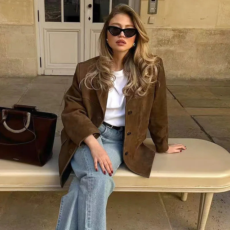 Women's Suede Blazer Jacket | Vintage Fitted Old Money Style | All Season Office Coat | HXAO