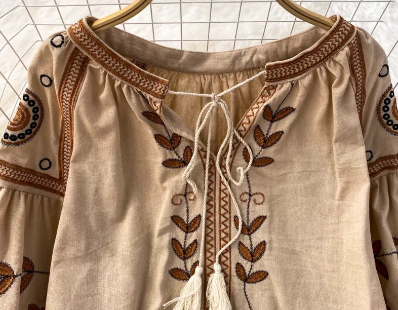 Women's Boho Floral Embroidery Blouse | Lantern Sleeve Loose Cotton Linen Top | Vintage Beach | TEELYNN