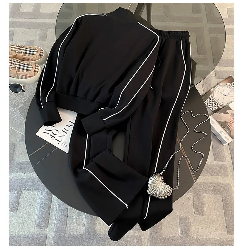 Color Block Two-Piece Set – Zip Jacket & Wide Leg Pants | Women's Casual Leisure Outfit