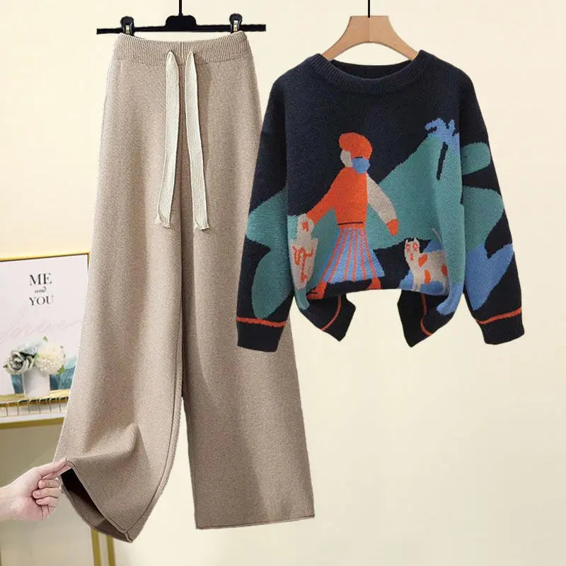 Women's Knitted Sweater & Wide Leg Pants Set – Loose Casual 2-Piece Autumn Outfit