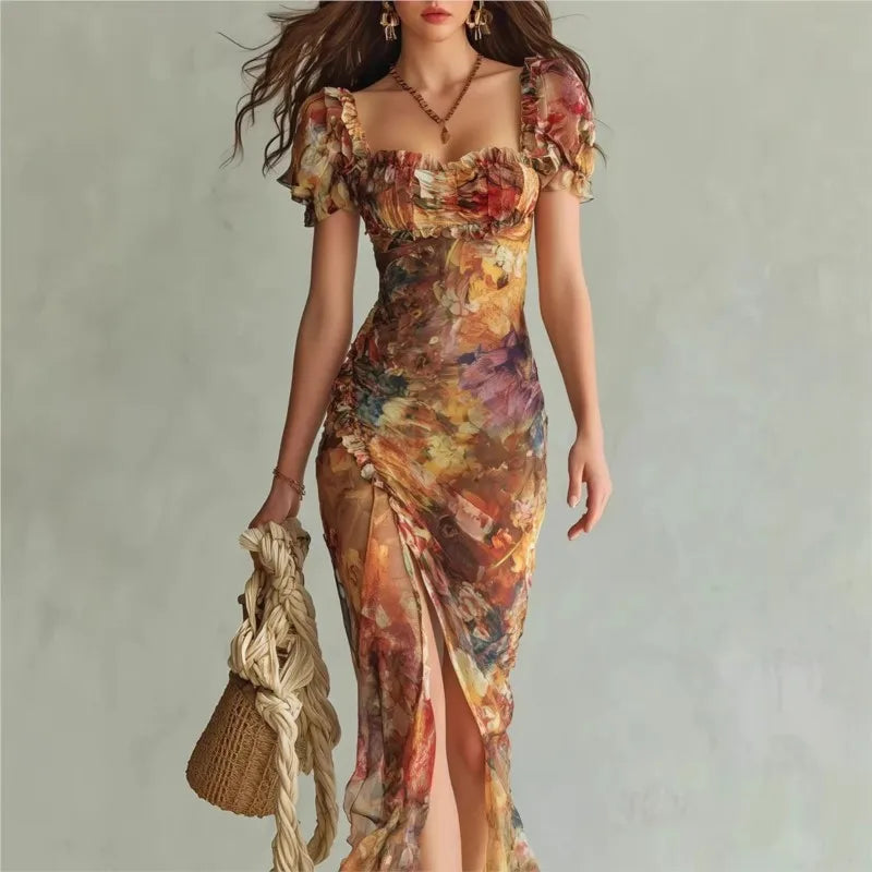 Boho Floral Maxi Dress – Square Neck Ruched Bodycon Long Dress for Women