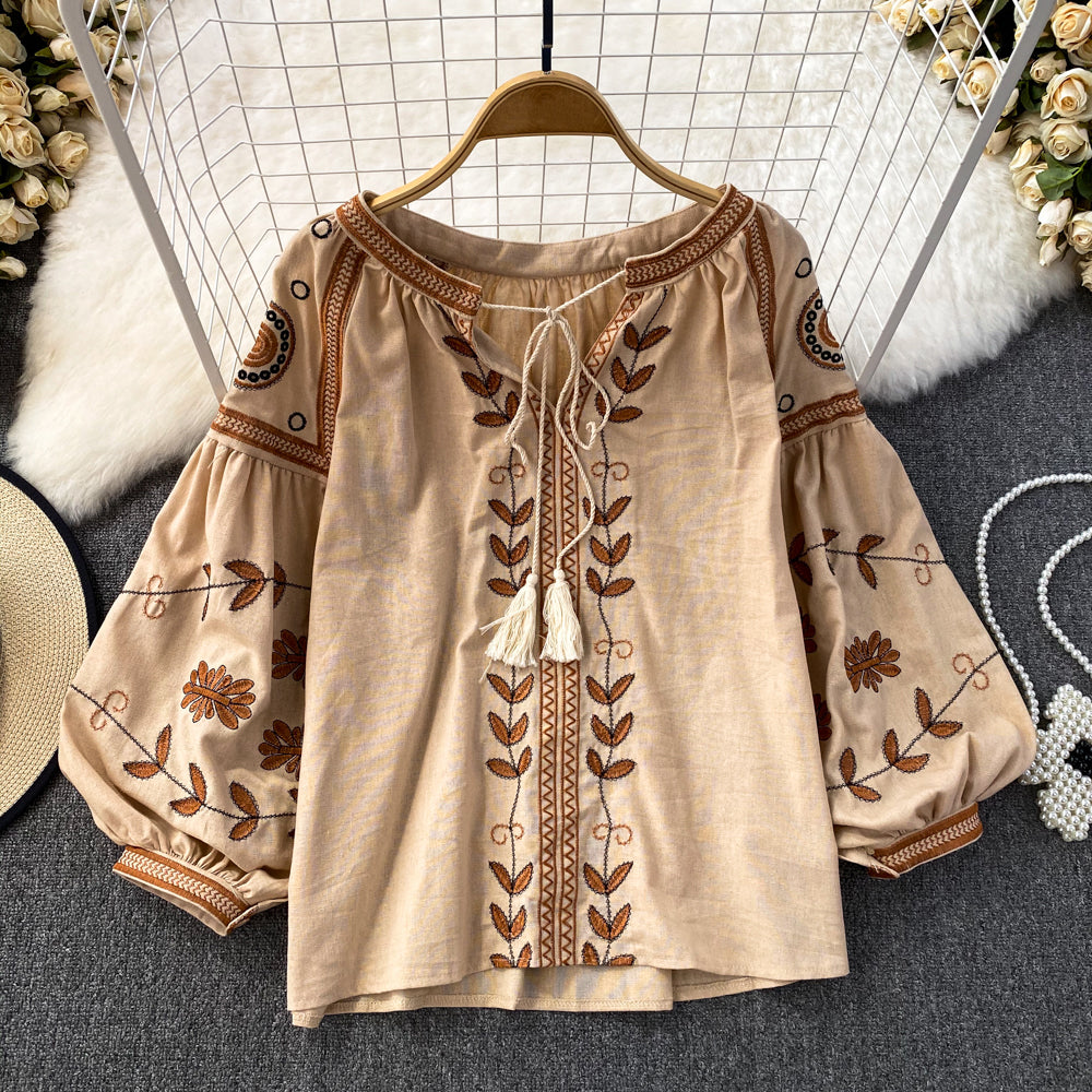 Women's Boho Floral Embroidery Blouse | Lantern Sleeve Loose Cotton Linen Top | Vintage Beach | TEELYNN