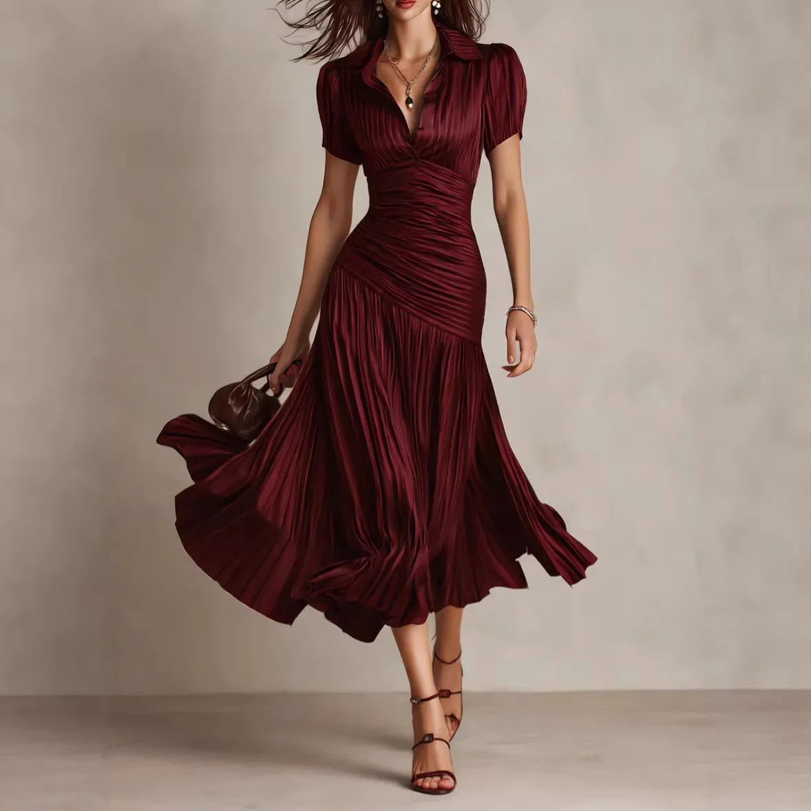 Striped A-Line Maxi Dress – Short Sleeve High Waist Slim Long Dress for Women