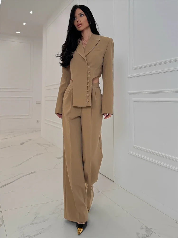 Women's Knit Blazer & Wide Leg Pants Set – Turn-Down Collar | Casual Autumn Winter Fashion 2026