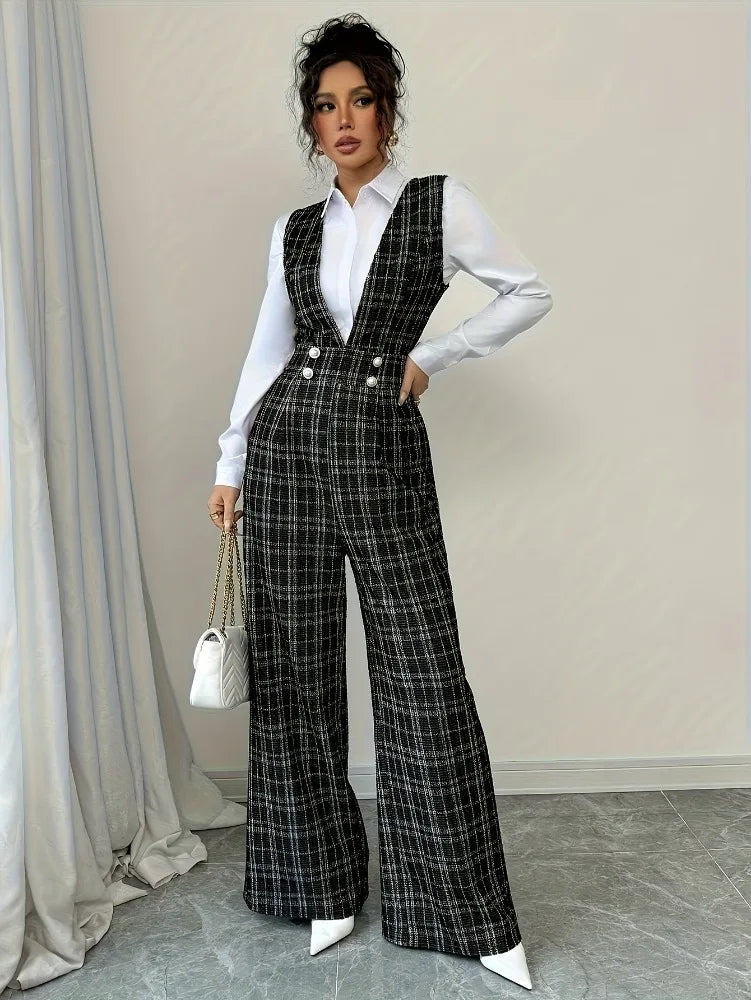 Plaid Tweed Wide Leg Jumpsuit – High Waist Pearl Buttons | Women's Elegant Office Formal Wear