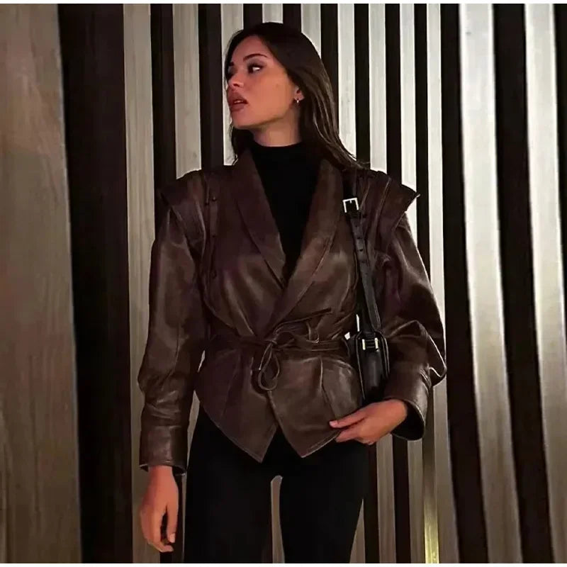 Women's Faux Leather Belted Jacket | Lapel Lace-Up Vintage High Street Coat | Autumn Winter
