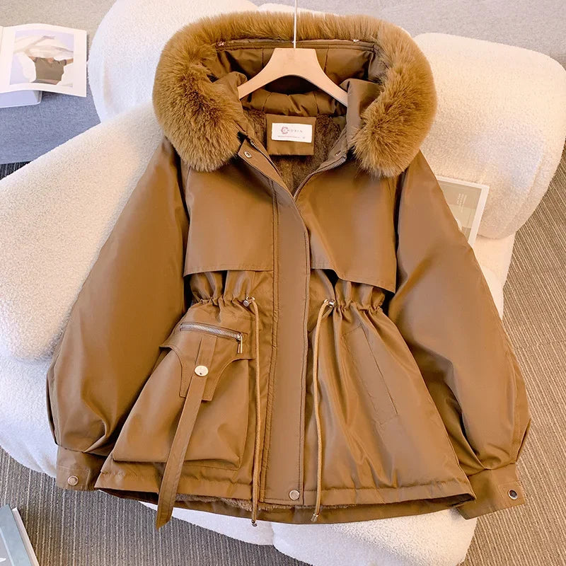 Women's Fleece-Lined Hooded Puffer Jacket – Drawstring Padded Parka | Korean Streetwear