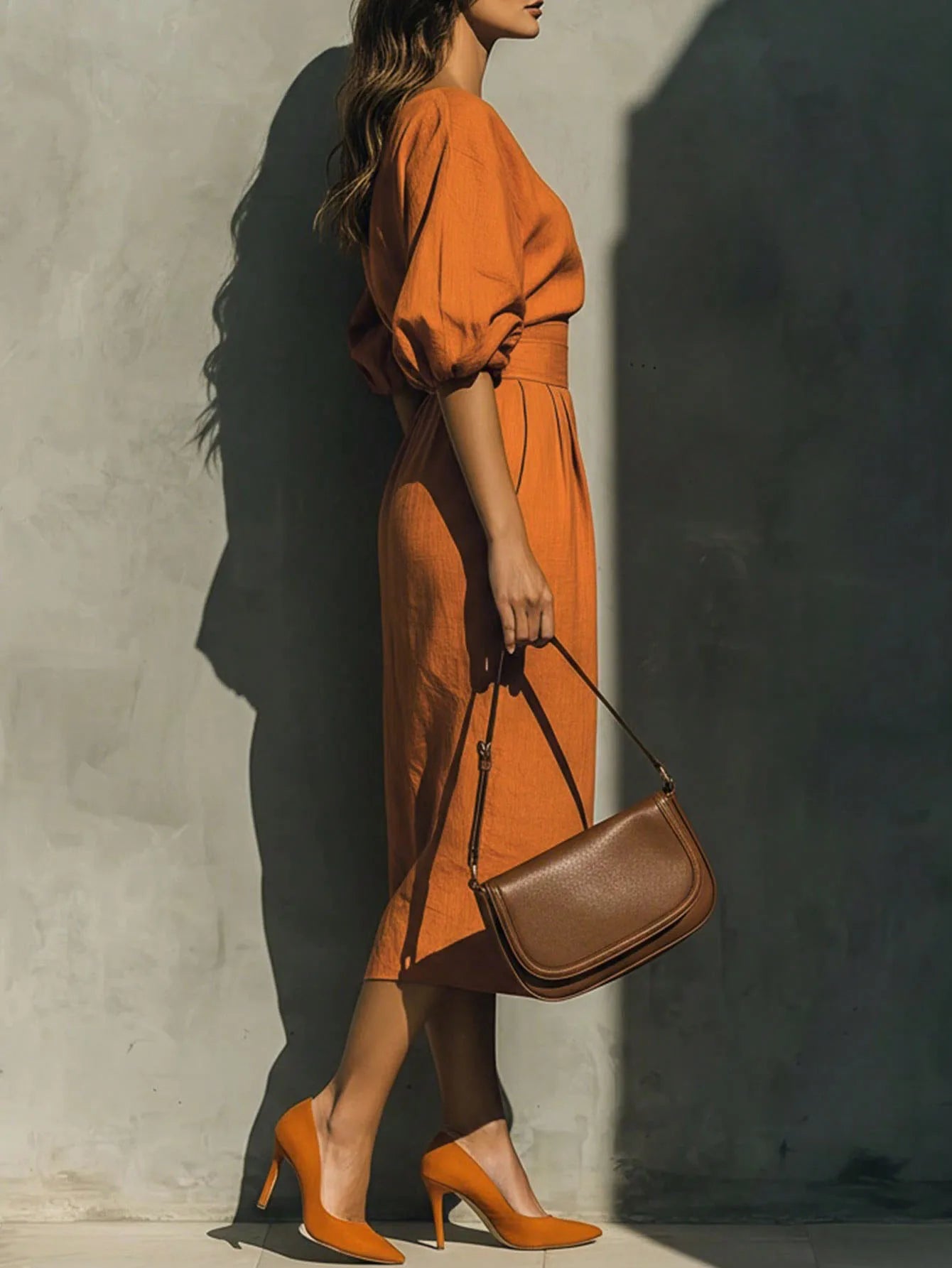 Women's Lantern Sleeve Midi Dress – Fit & Flare Empire Waist Casual Dress