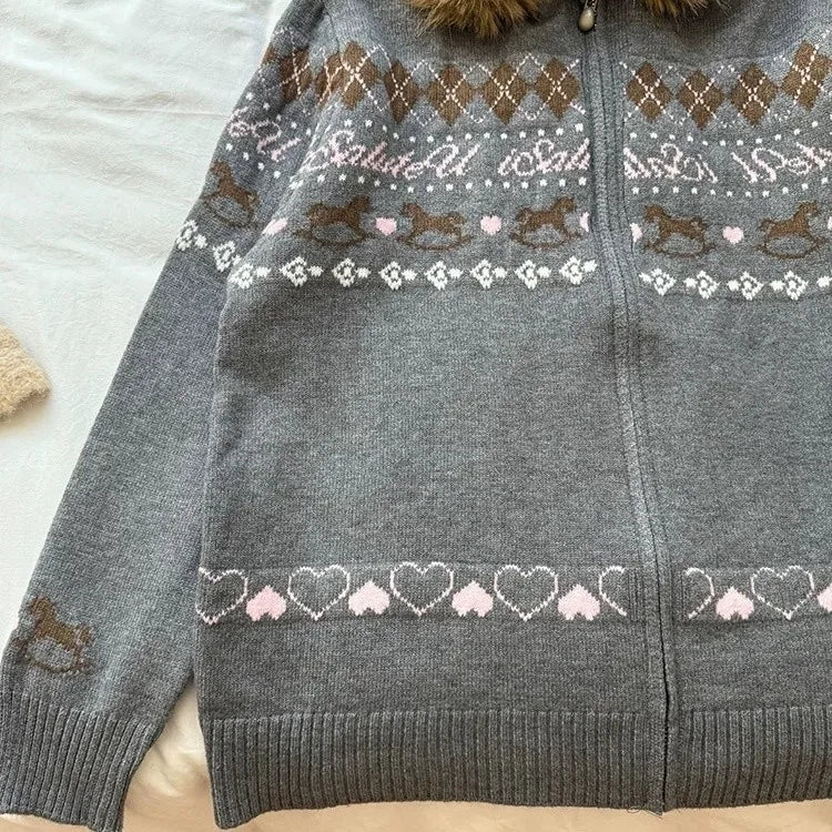 Women's Fair Isle Zip-Up Cardigan | Faux Fur Hood Rocking Horse Heart Print | Japanese Preppy Retro Knit | JBOLID