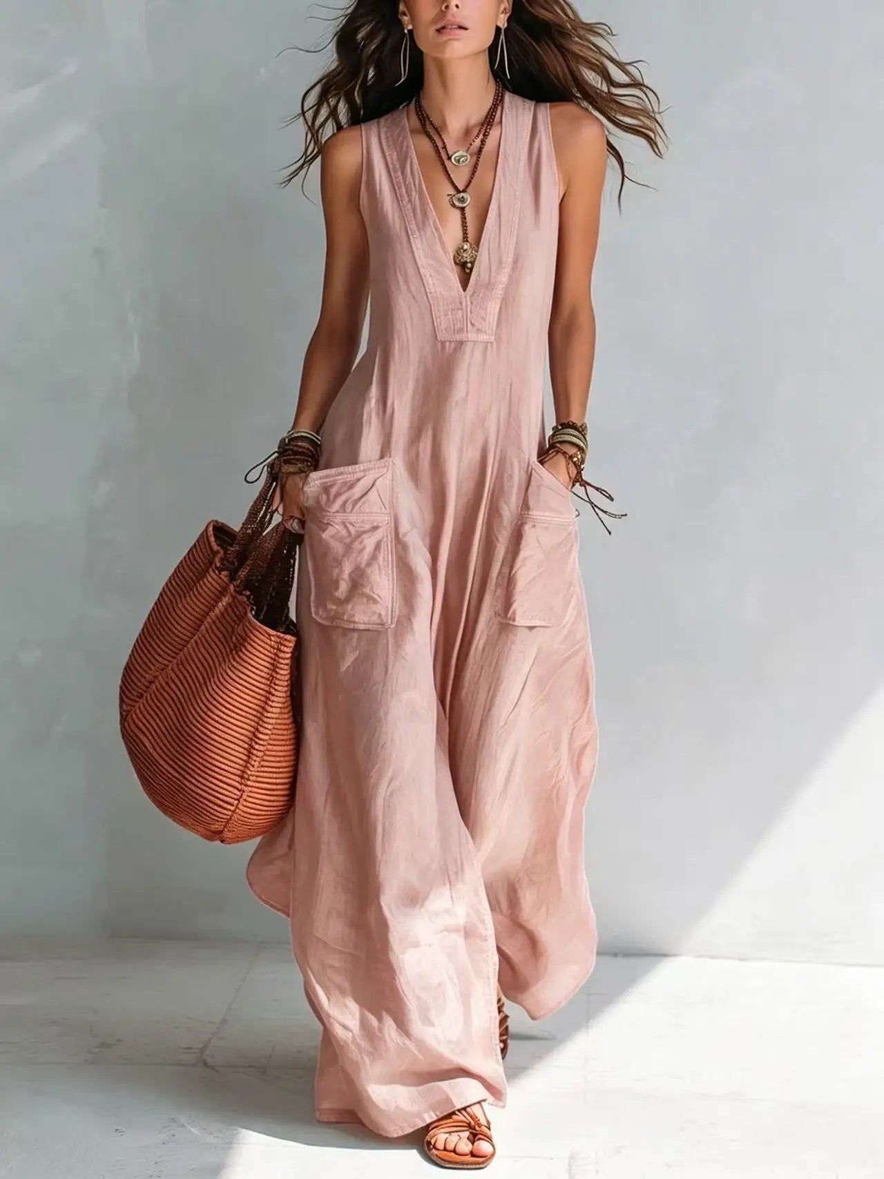 Women's Sleeveless Linen Jumpsuit – Loose Wide Leg V-Neck Casual Bodysuit