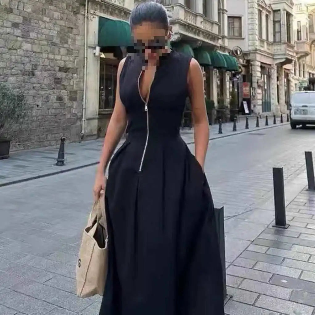 Women's French Style Sleeveless Maxi Dress – Elegant Ankle-Length Street Chic